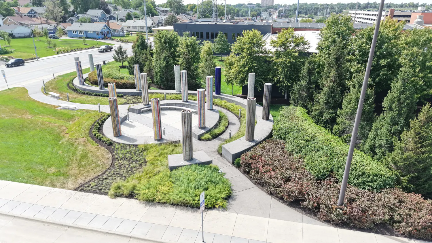 Aerial view of a completed Landwerks landscape construction project